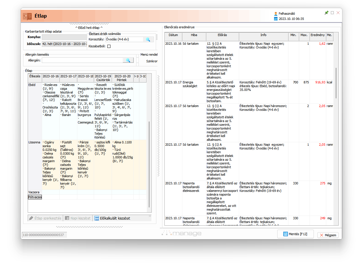 Étlap sellenőrzés