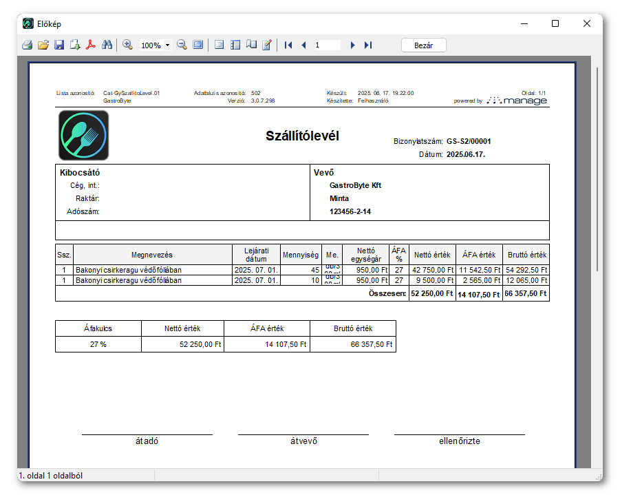 Szállítólevél nyomtatvány